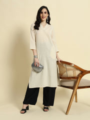 Thread Plus Cotton Flax Straight Kurti In Cream Color For Women