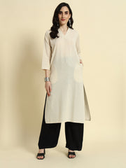 Thread Plus Cotton Flax Straight Kurti In Cream Color For Women