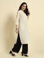 Thread Plus Cotton Flax Straight Kurti In Cream Color For Women