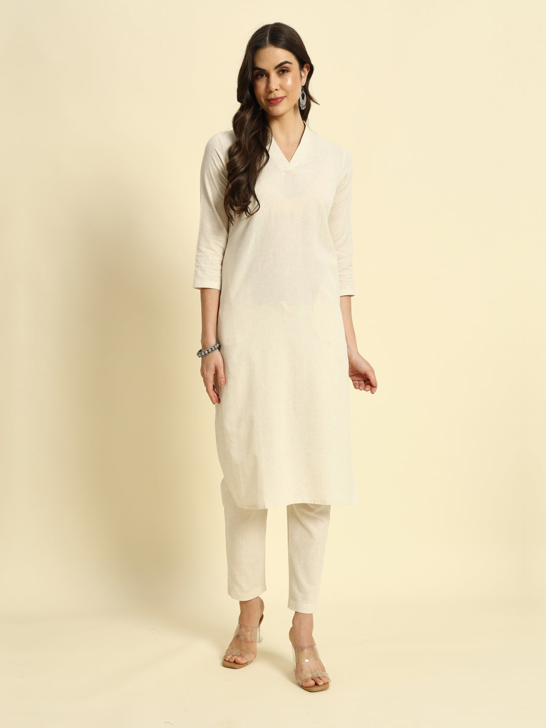 Thread Plus Cotton Flax Set Straight Kurti With Pant In Cream Color For Women