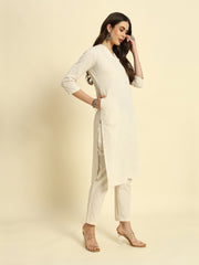 Thread Plus Cotton Flax Set Straight Kurti With Pant In Cream Color For Women