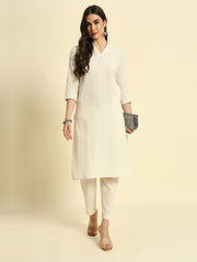 Thread Plus Cotton Flax Set Straight Kurti With Pant In Cream Color For Women