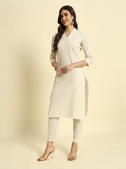 Thread Plus Cotton Flax Set Straight Kurti With Pant In Cream Color For Women