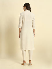 Thread Plus Cotton Flax Set Straight Kurti With Pant In Cream Color For Women