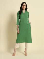 Thread Plus Cotton Flax Straight Kurti In Light Green Color For Women