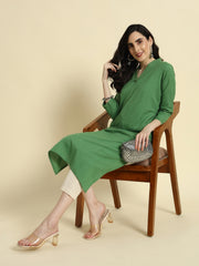 Thread Plus Cotton Flax Straight Kurti In Light Green Color For Women