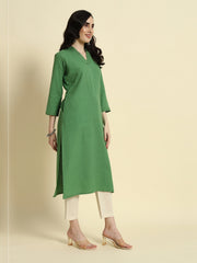 Thread Plus Cotton Flax Straight Kurti In Light Green Color For Women