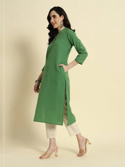 Thread Plus Cotton Flax Straight Kurti In Light Green Color For Women