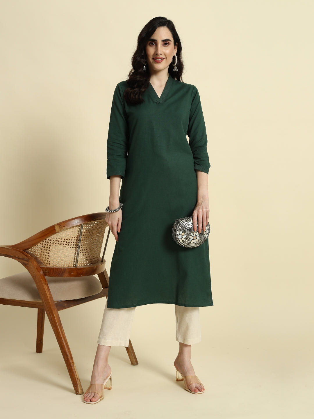 Thread Plus Cotton Flax Straight Kurti In Dark Mehandi Color For Women