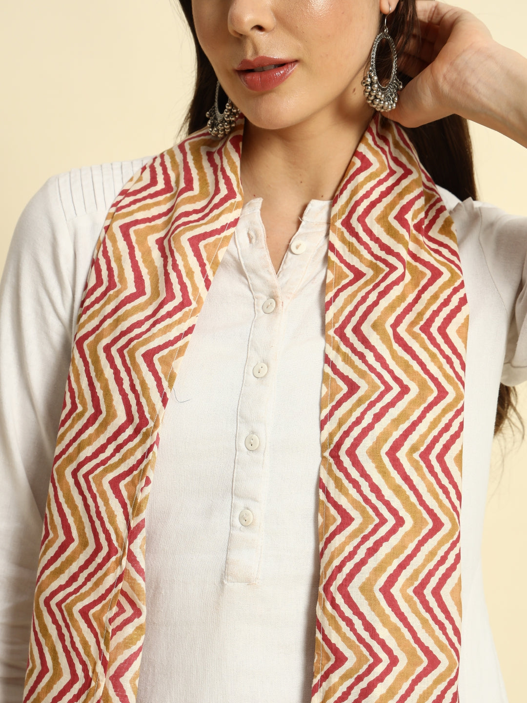 Thread Plus Beet Beige Cambric Cotton Dabu Zigzag Print Stole