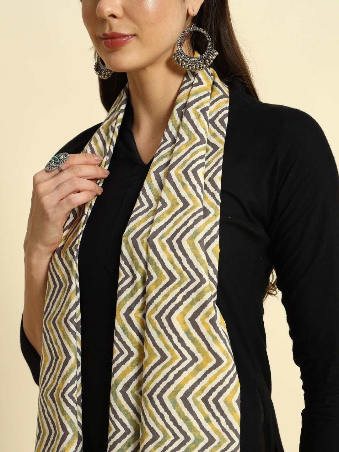 Thread Plus Coffee Yellow Cambric Cotton Dabu Zigzag Print Stole